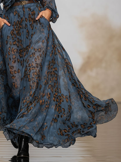 Fashionable Retro Long-sleeved Leopard Print Dark Blue Chiffon Maxi Dress
