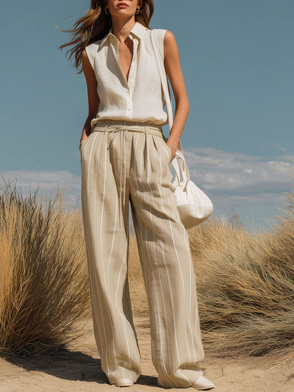 Casual Retro Cotton And Linen Sleeveless Shirt And Khaki Striped Wide-leg Pants Set