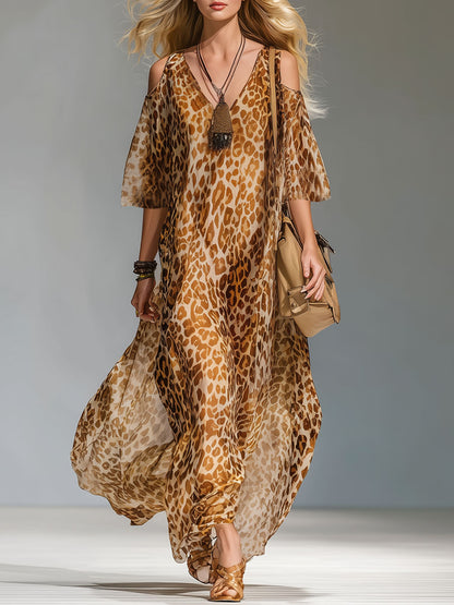Leopard Print V-neck Cold Shoulder Chiffon Short-sleeved Maxi Dress