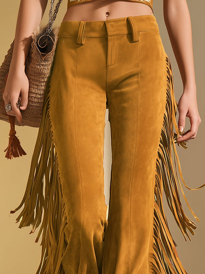 Retro-style Fringed Faux Suede Flared Pants