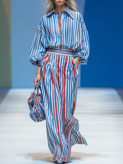 Retro Urban Colorful Striped Collared Shirt Long Dress