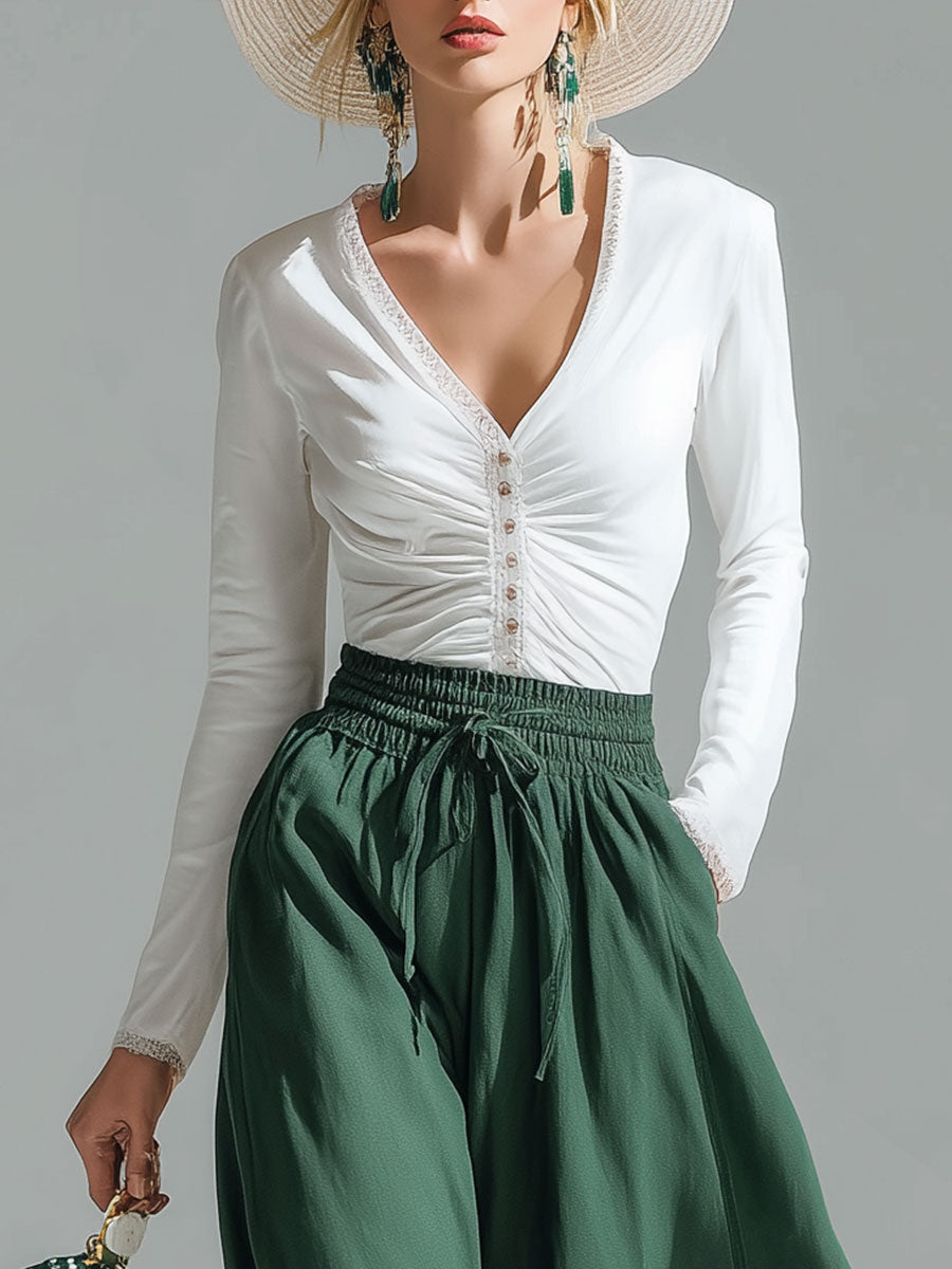 Stylish And Casual White Cotton Top And Green Chiffon Trousers Set
