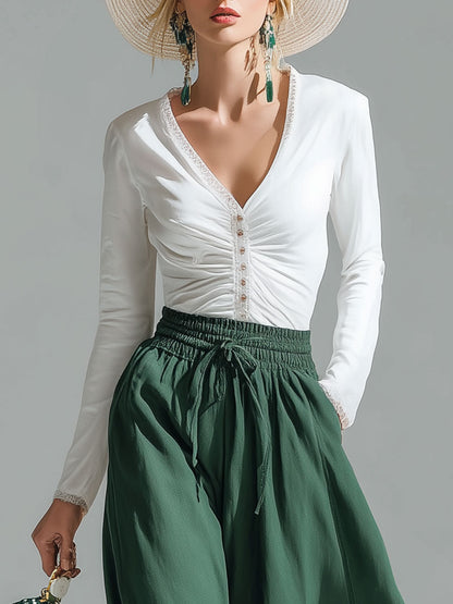 Stylish And Casual White Cotton Top And Green Chiffon Trousers Set