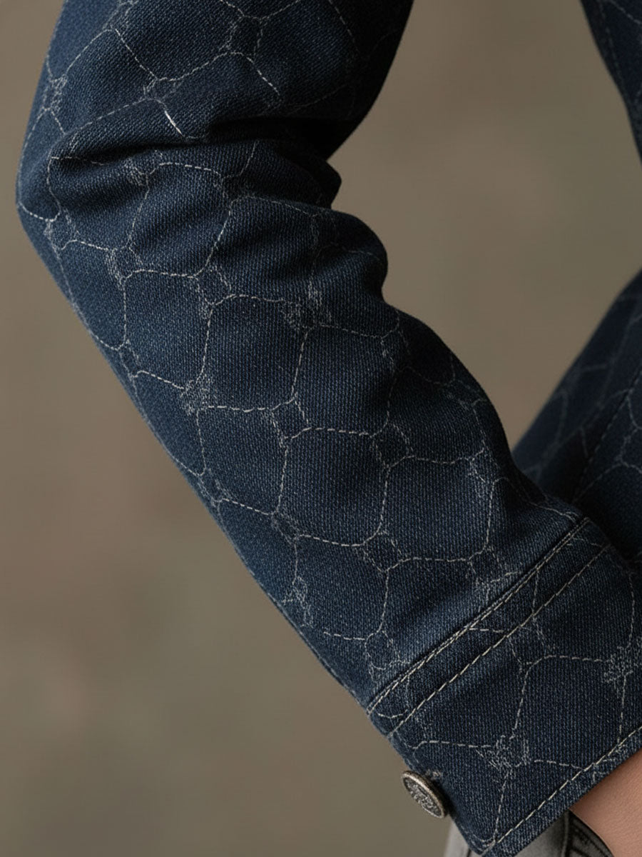 Fashionable Retro Geometric Print Navy Denim Jacket