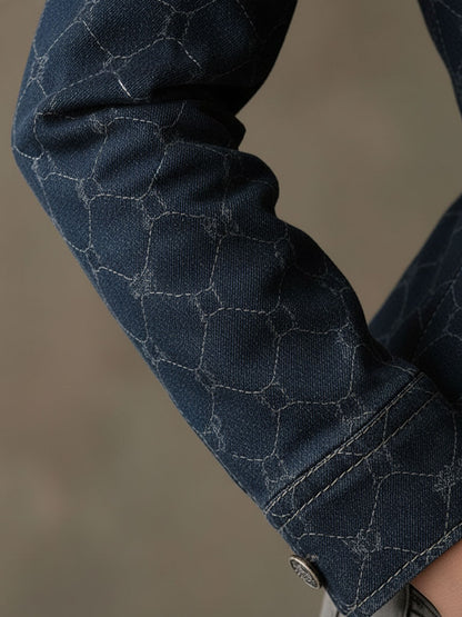 Fashionable Retro Geometric Print Navy Denim Jacket