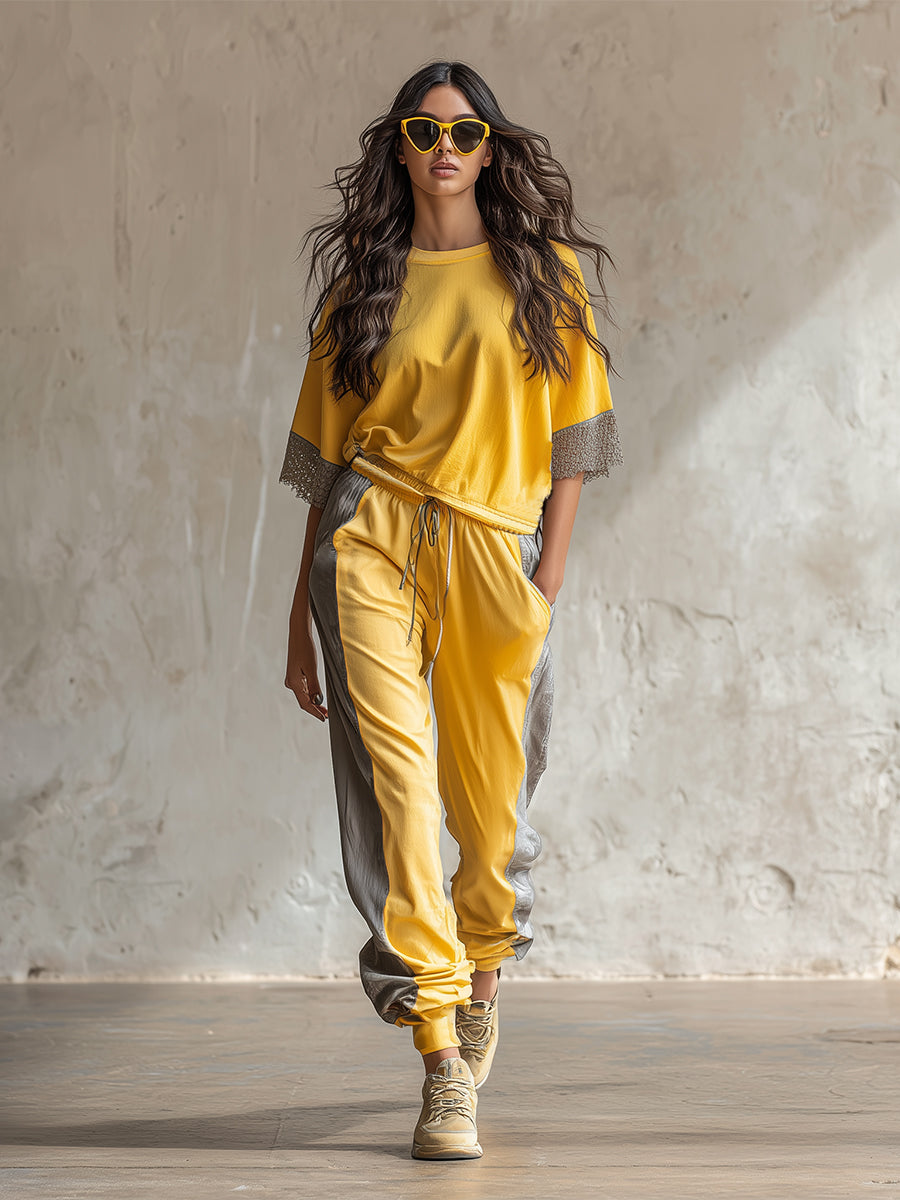 Casual Sports Color-blocked Yellow T-shirt And Pants Set