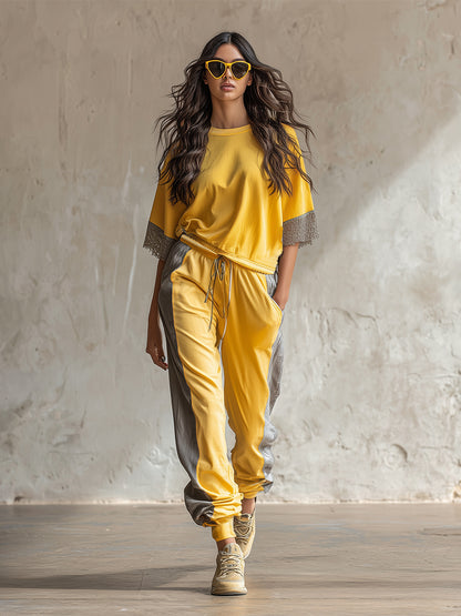 Casual Sports Color-blocked Yellow T-shirt And Pants Set
