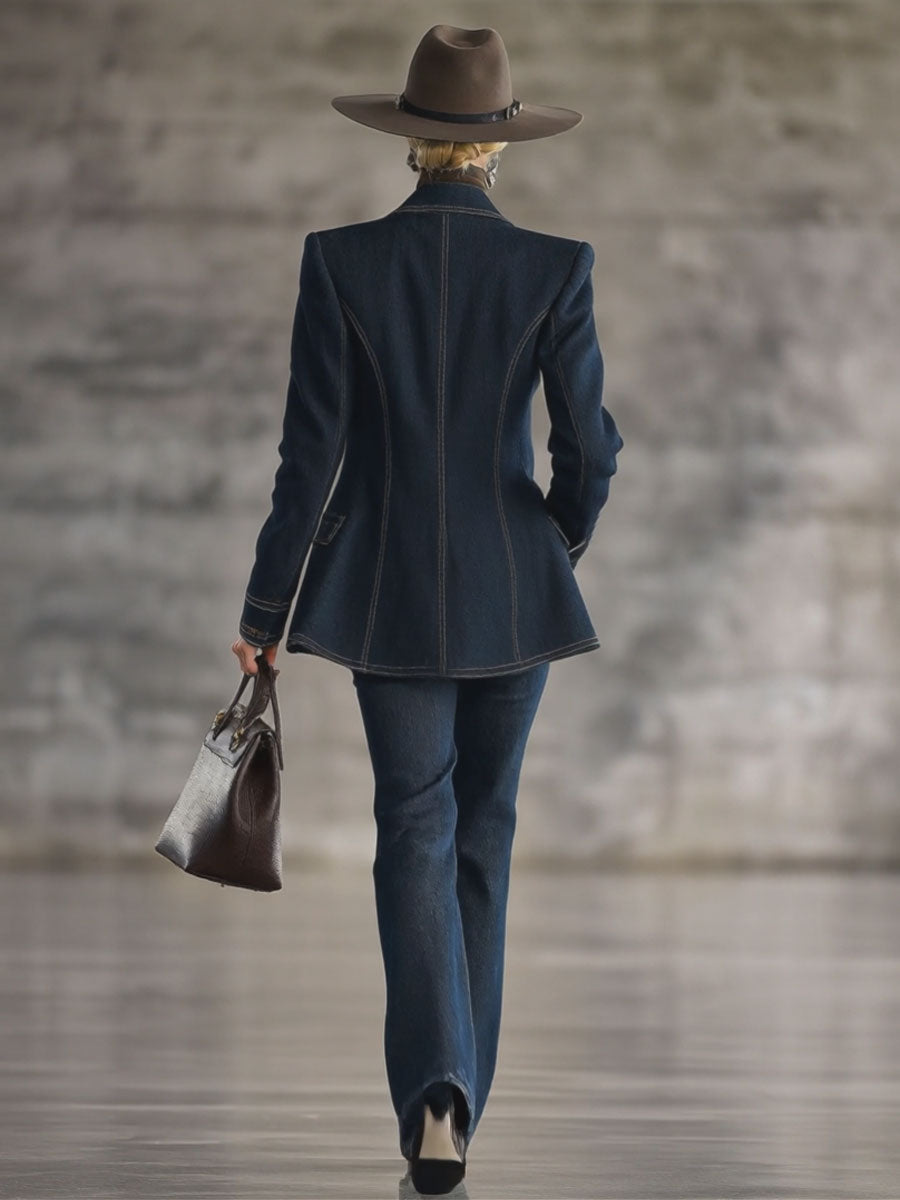 Fashion Retro Topstitched Navy Blue Denim Jacket