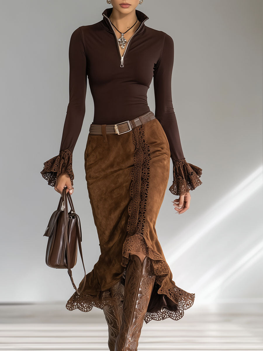 A Fitted Stand-up Collar Zip-up Long-sleeved Top And Faux Suede Skirt Set