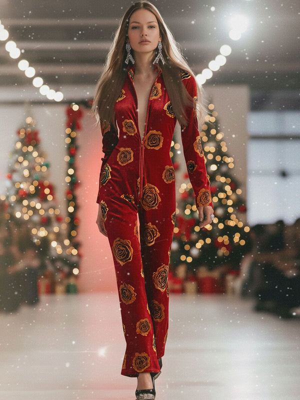 casual-loose-retro-red-velvet-gold-rose-printed-zipper-long-sleeve-jumpsuit - Oyrosy
