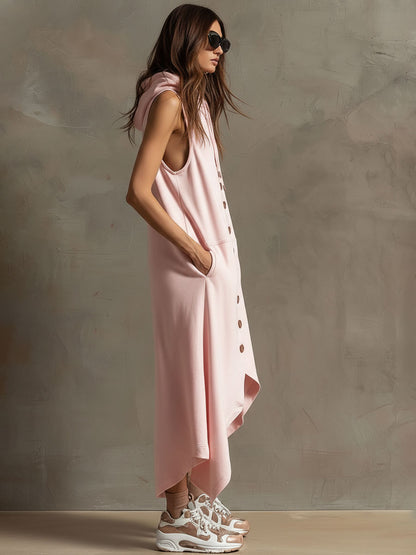 Sporty Retro Sleeveless Pink Hooded Cardigan Dress With Asymmetrical Midi Length
