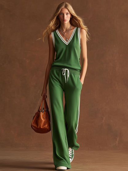 Stylish Sporty Black And White Trim Green Sleeveless V-neck Top And Pants Set