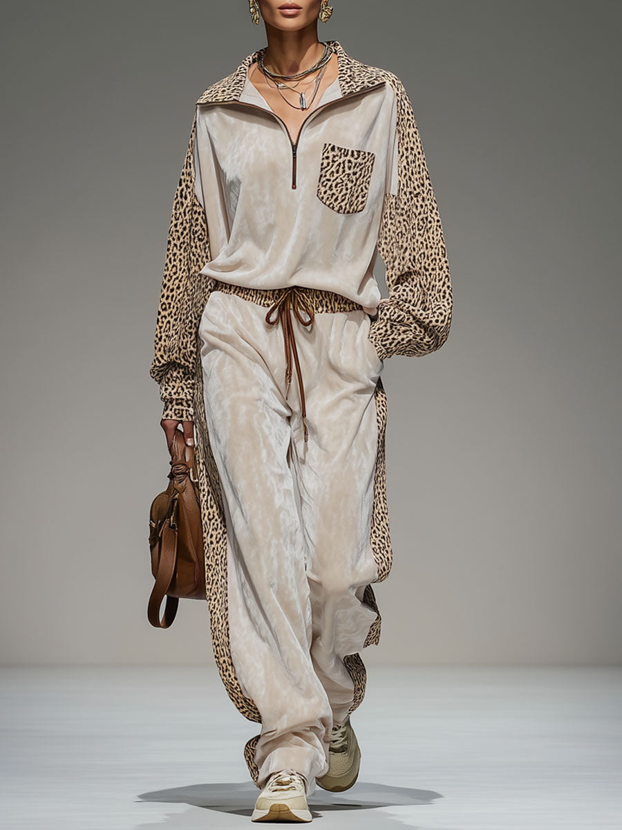 Lapel Collar Zip-up Color-blocked Leopard Print And Velvet Patchwork Set