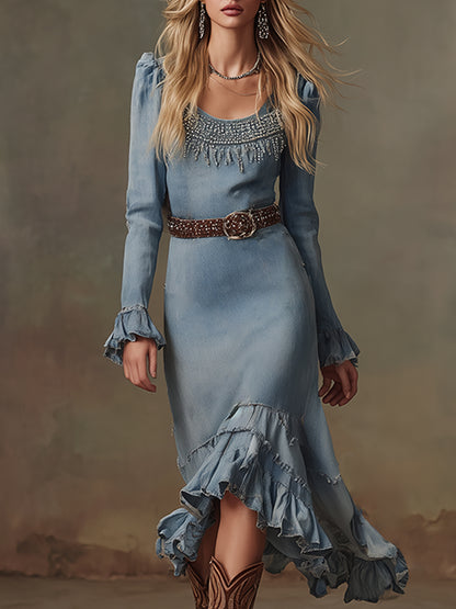 Elegant And Stylish Blue Denim Ruffled Rhinestone-trimmed Midi Dress