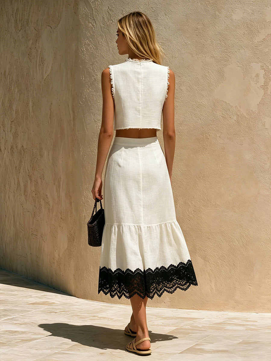 Retro-elegant Color-blocked Lace White Sleeveless Cotton-linen Shirt And Skirt Set