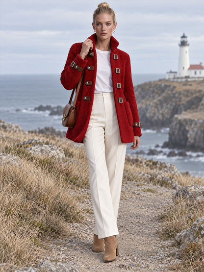 Casual Retro Red Faux Leather Fleece Coat