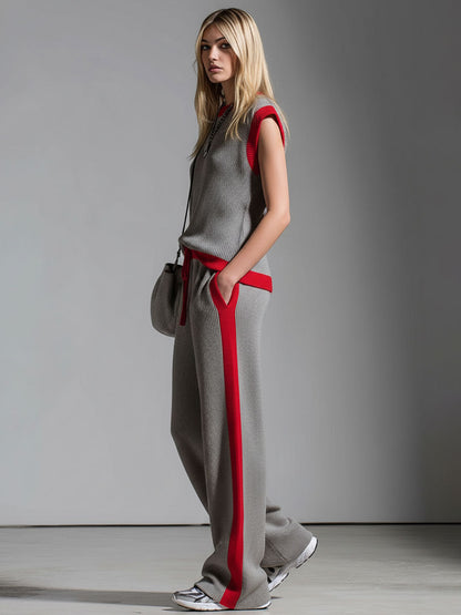 Color-blocked Crew Neck Sleeveless Top And Pants Knitted Set