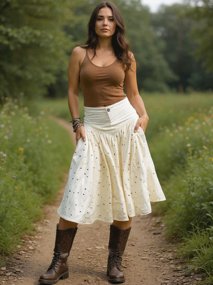 Western Retro Polka Dot Off-white Denim Pleated Midi Skirt