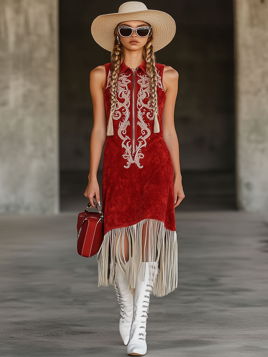 Fashion Resort Bohemian Embroidered Red Suede Tassel Sleeveless Midi Dress