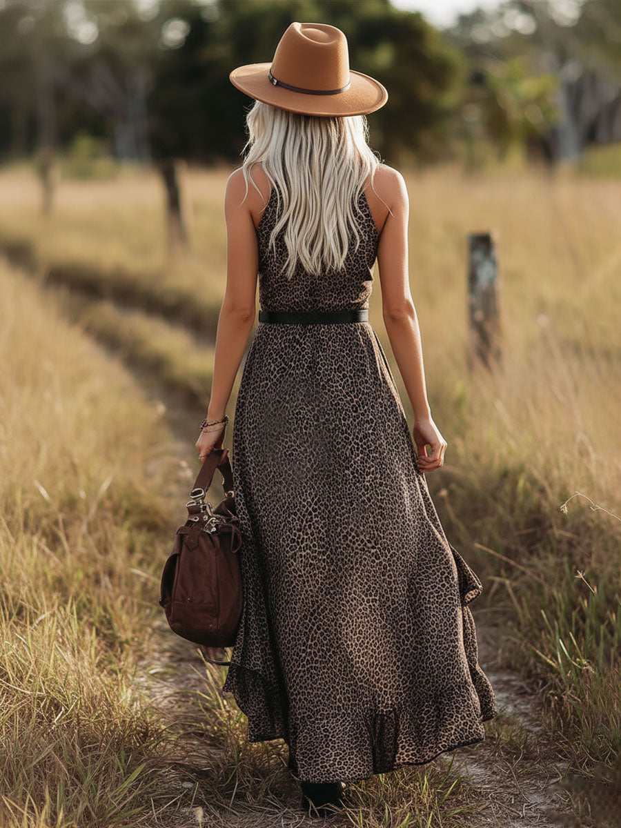 Western-style Leopard Print V-neck Ruffled Chiffon Sleeveless Maxi Dress