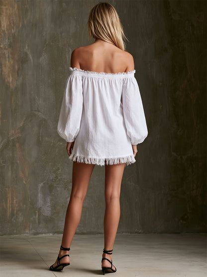 Vintage White Lace Elastic Off-shoulder Long-sleeved Tassel Cotton Linen Mini Dress
