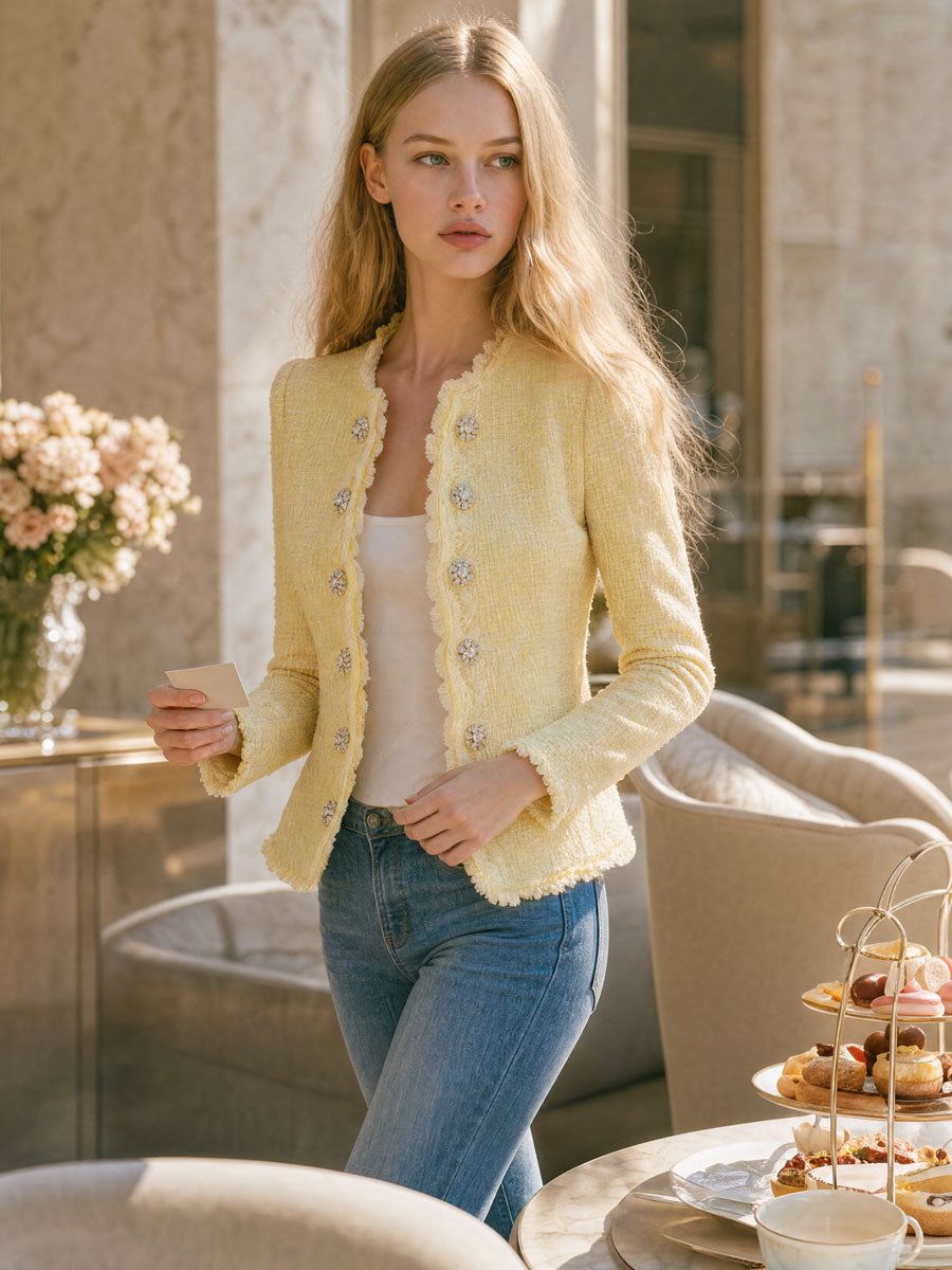 Retro-elegant Yellow Lace Round Neck Double-breasted Tweed Jacket