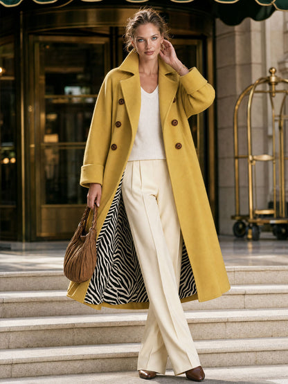 Retro Elegant Mustard Yellow Double-Breasted Zebra-Lined Wool Blend Coat