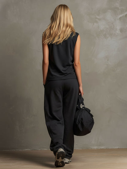 Black Collared Button-down Sleeveless Top And Trousers Set