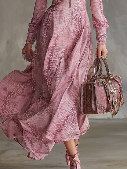Trendy Urban Pink Crocodile Print Chiffon Maxi Dress
