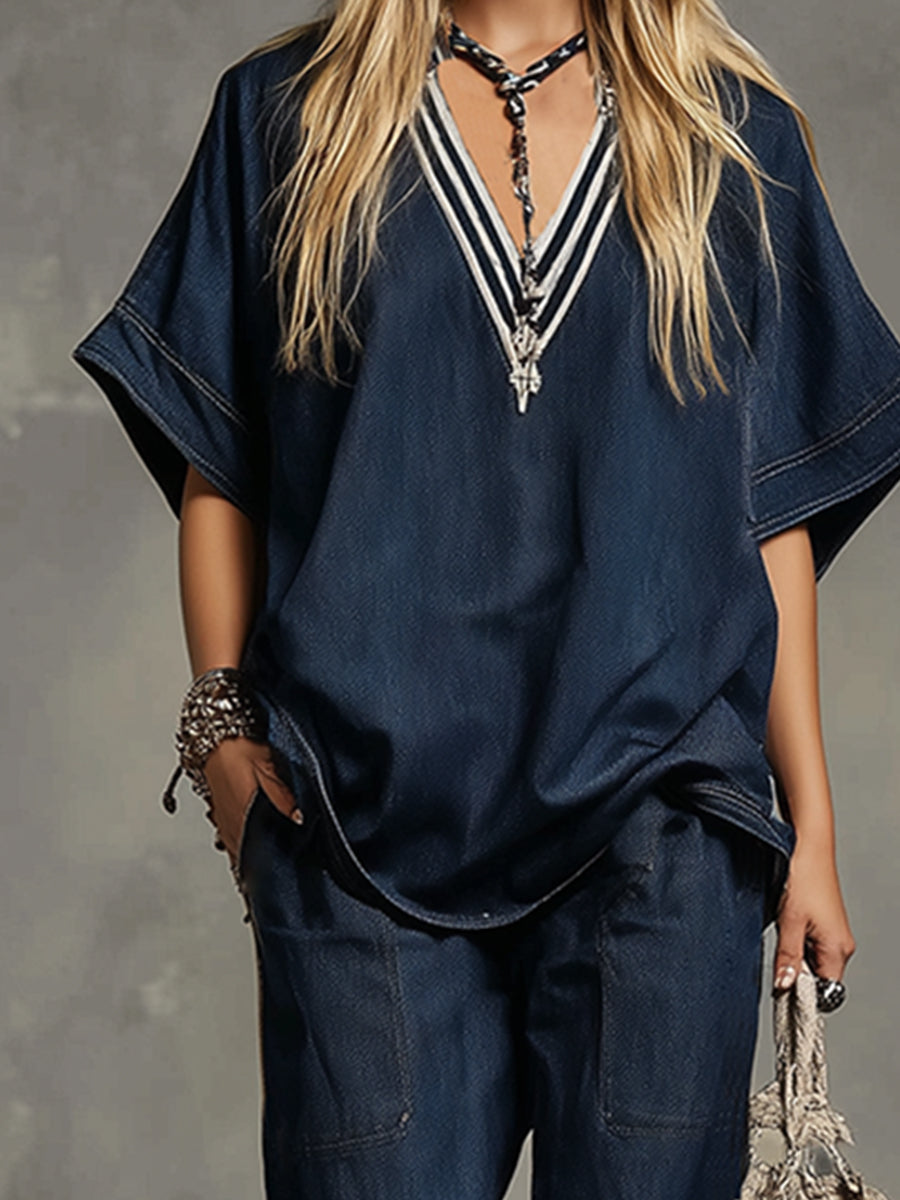 Casual And Stylish Striped V-neck Dark Blue Denim T-shirt And Wide-leg Pants Set