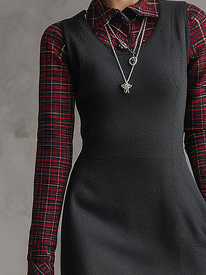 Retro Preppy Style Sporty Dark Gray Sweatshirt Patchwork Red Plaid Midi Dress