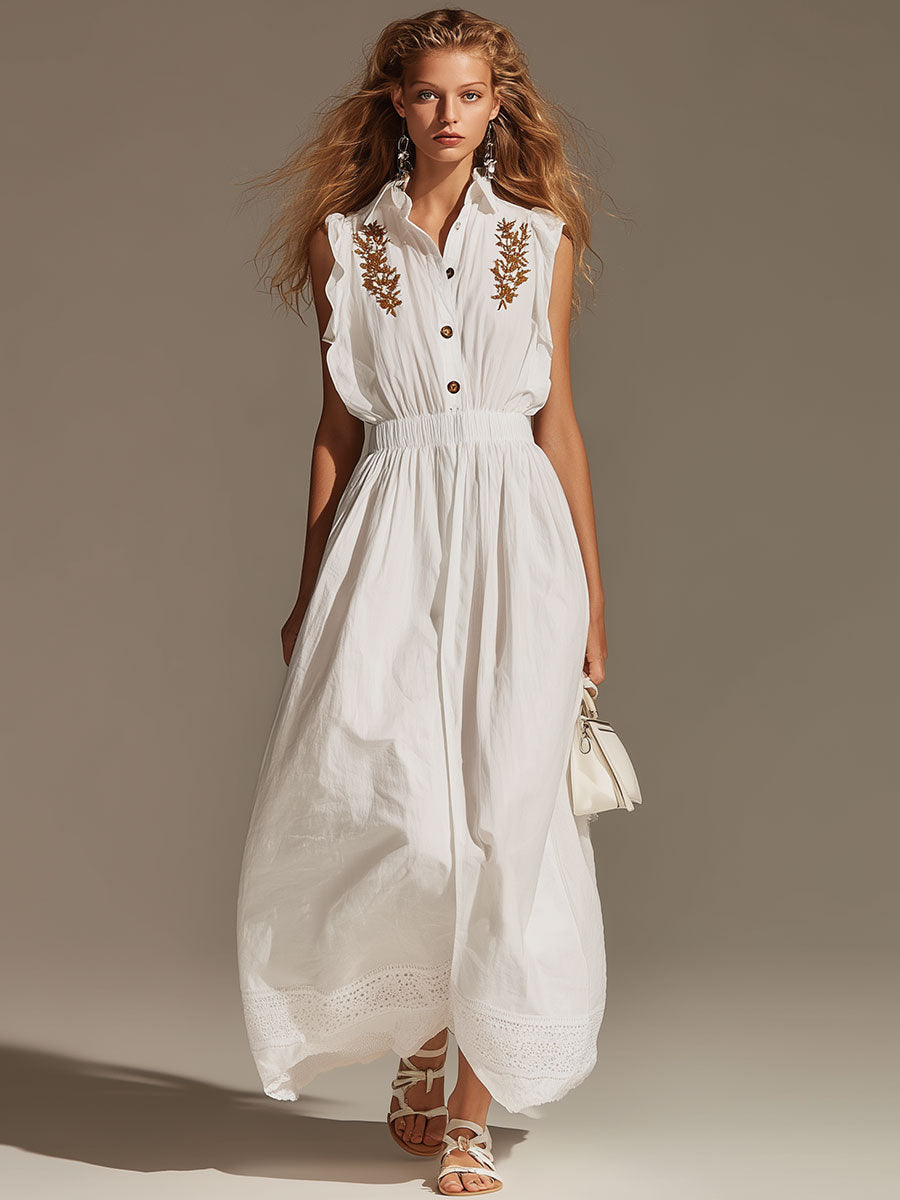 Elegant Vintage-style Embroidered White Sleeveless Cotton-blend Maxi Dress