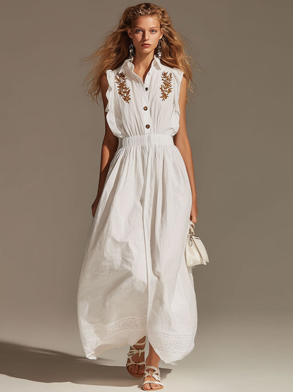 Elegant Vintage-style Embroidered White Sleeveless Cotton-blend Maxi Dress