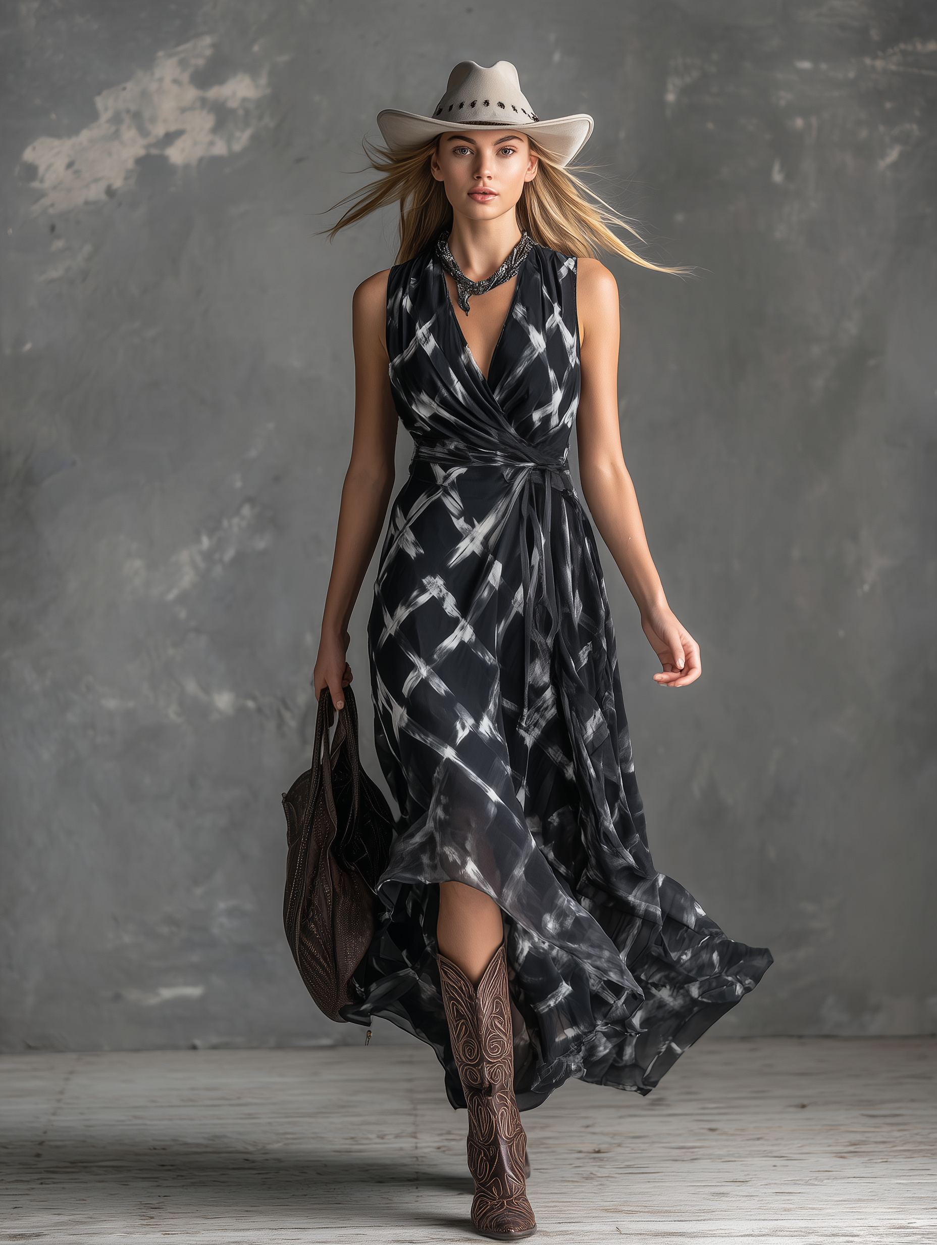 Stylish Retro V-neck Sleeveless Checkered Print Chiffon Maxi Dress
