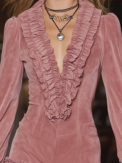 Western-style Pink Faux Suede With Ruffled Trim And Tassels  Mini Dress