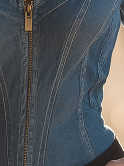 Western Style Vintage Blue Stand-collar Zip-up Denim Jacket