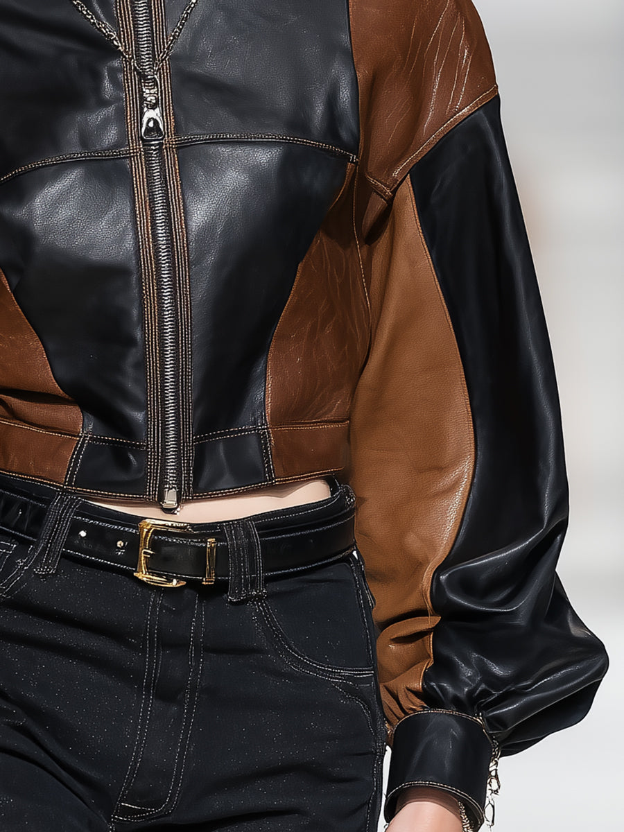 Retro Casual Brown And Black Patchwork PU Jacket