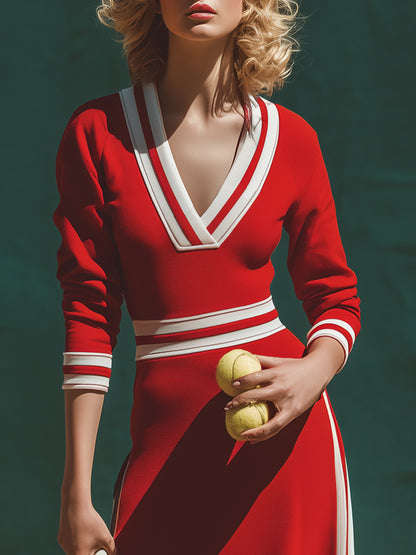 Trendy Sporty V-neck Ribbon Red Maxi Dress