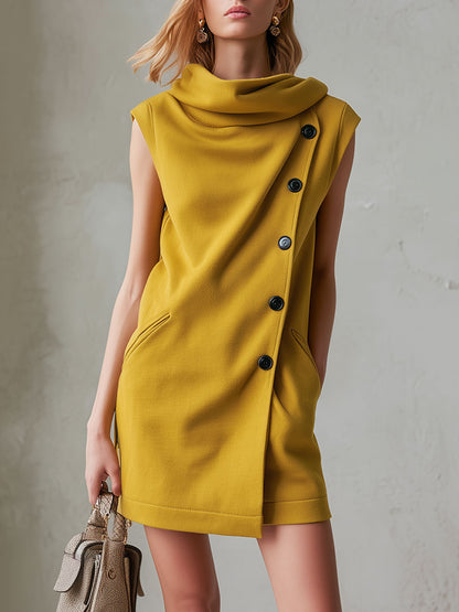 Stylish And Casual Yellow Turtleneck Button-down Cotton Mini Dress