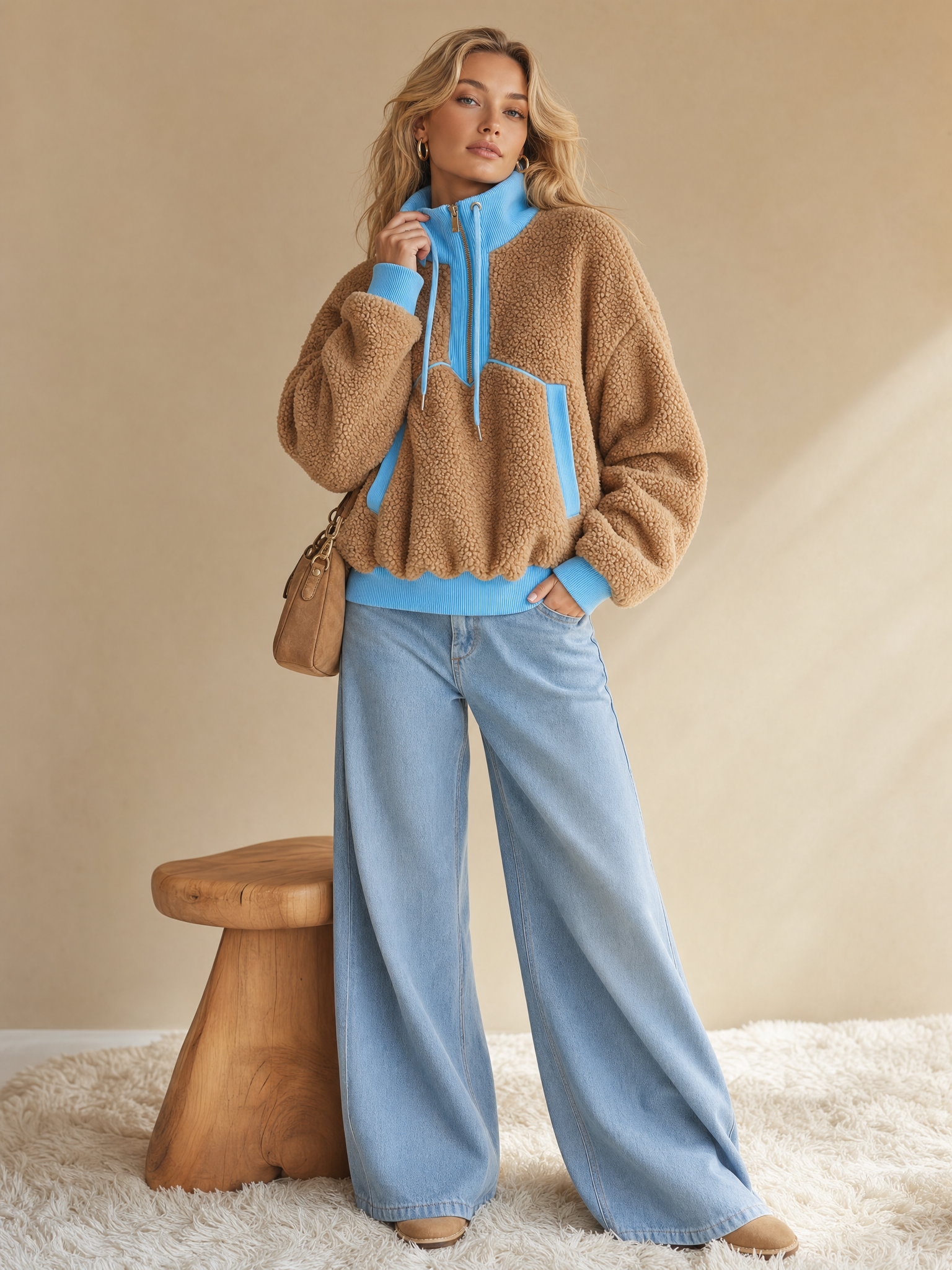 Casual Chic Light Blue Trim Zip-Up Camel Fleece Sweatshirt