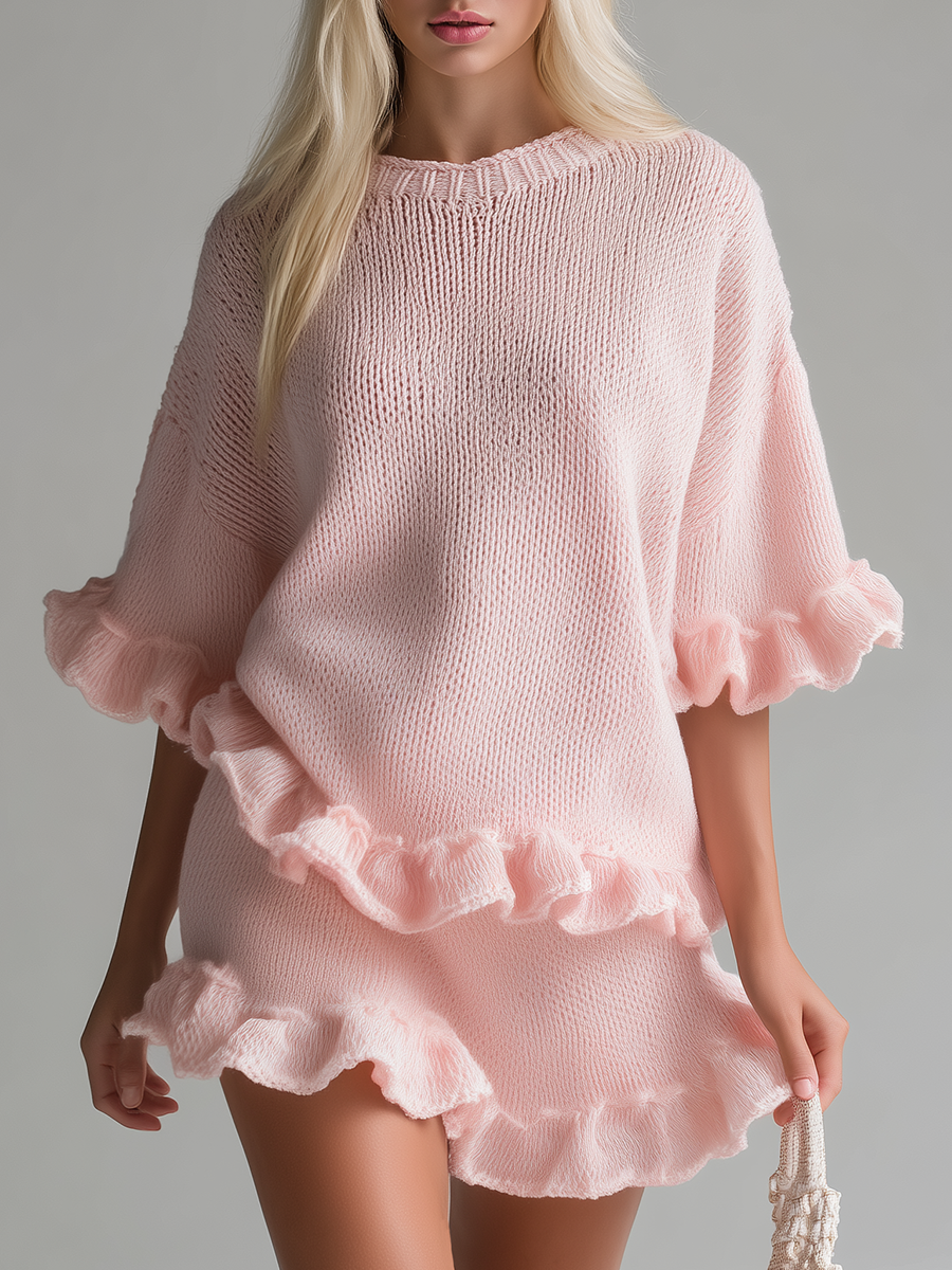 Comfortable Relaxed Round Neck Ruffled Short Sleeve Knitted T-shirt And Mini Skirt Set