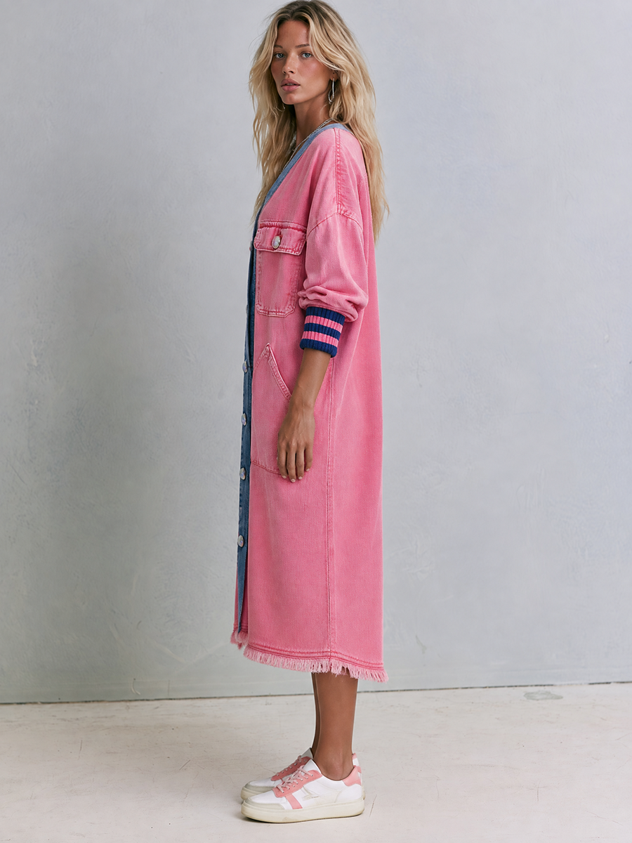 Pink Denim Duster Coat Contrast Placket Striped Cuffs Frayed Hem