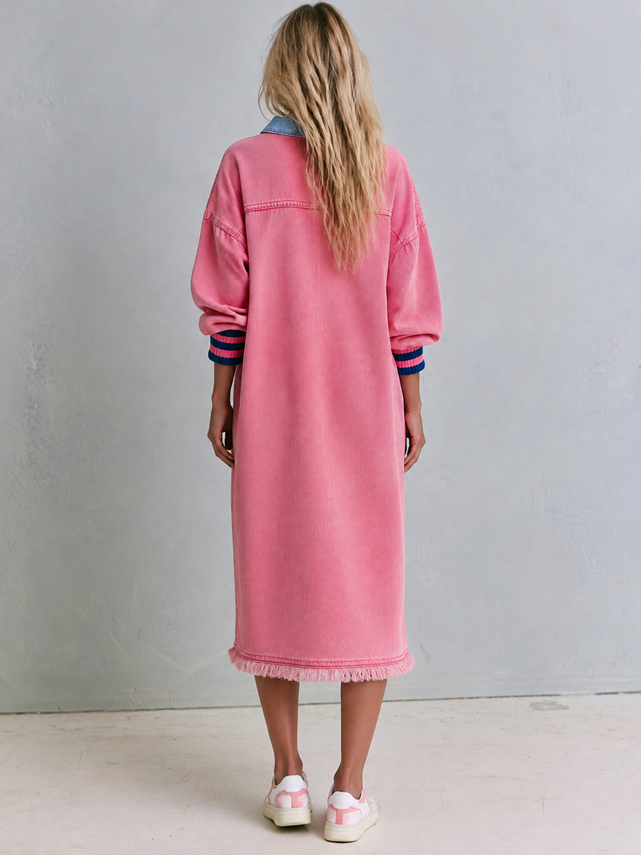 Pink Denim Duster Coat Contrast Placket Striped Cuffs Frayed Hem