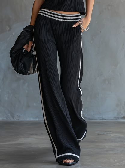 Lazy Chic Sporty Color-block Trim Sleeveless Knit Top And Wide-leg Knit Pants Set
