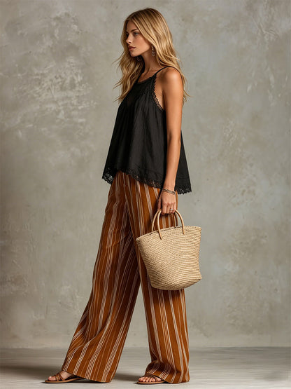 Vintage Lace Black Cotton Linen Camisole And Caramel Chiffon Trousers Set