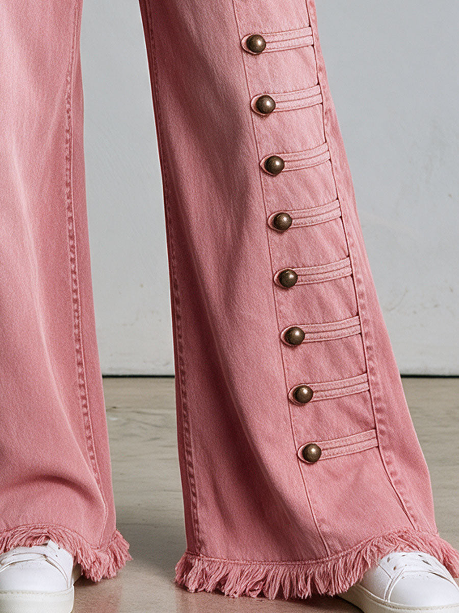 vintage-button-down-washed-pink-flared-frayed-jeans - Oyrosy