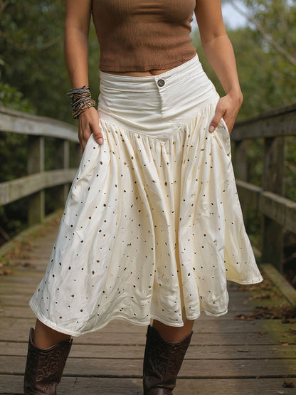 Western Retro Polka Dot Off-white Denim Pleated Midi Skirt