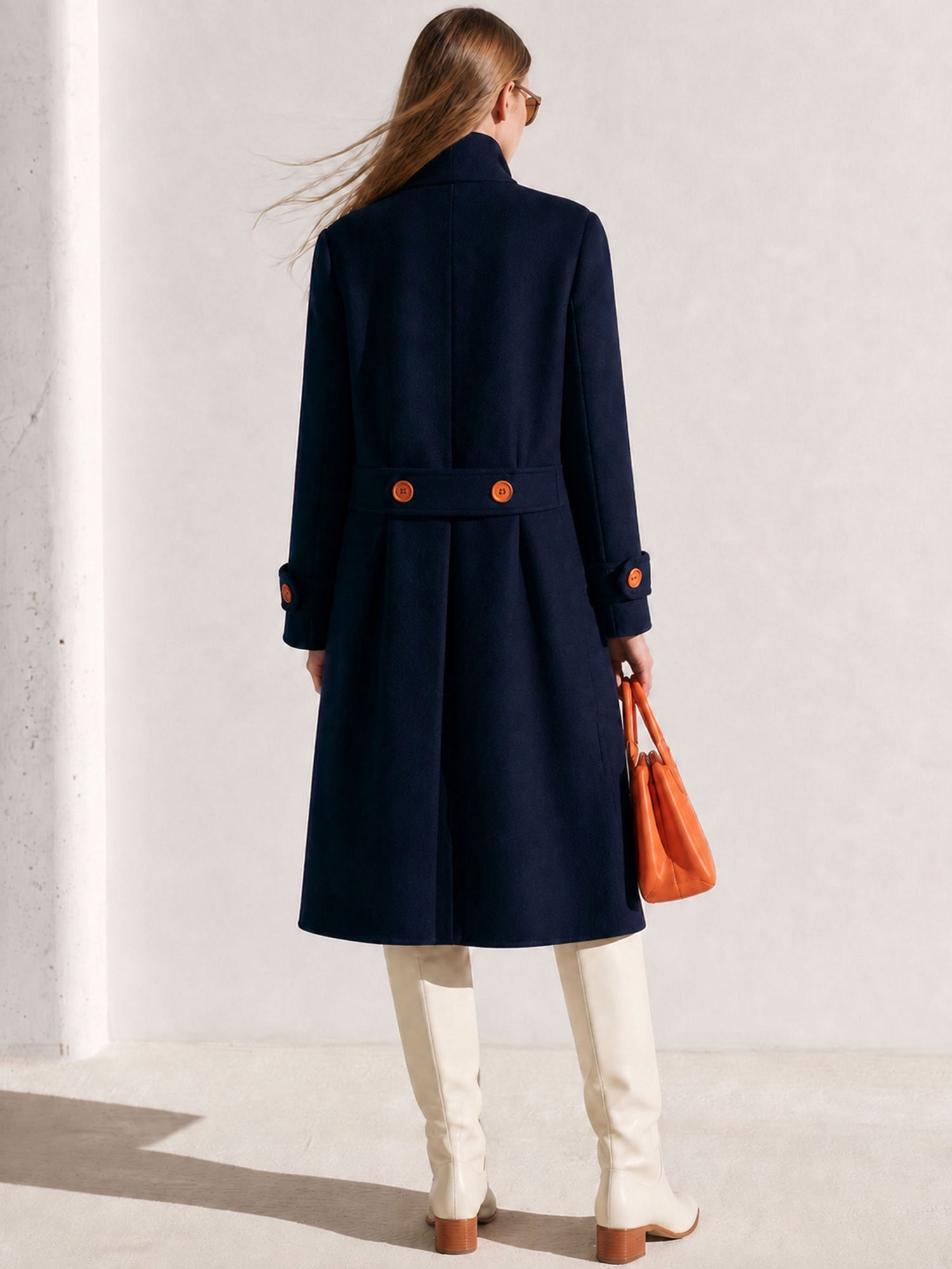 Casual And Comfortable Orange-buttoned Navy Blue Coat