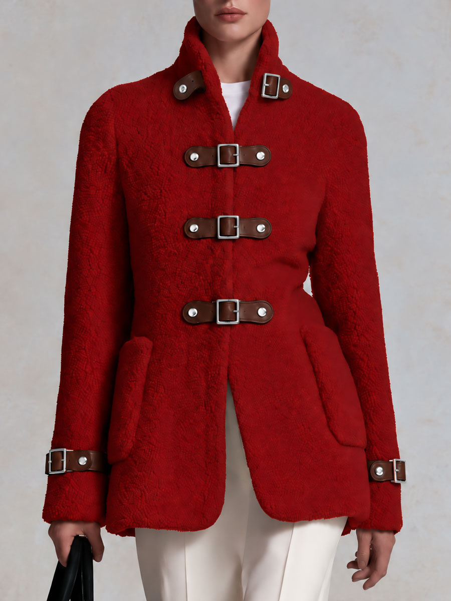 Casual Retro Red Faux Leather Fleece Coat