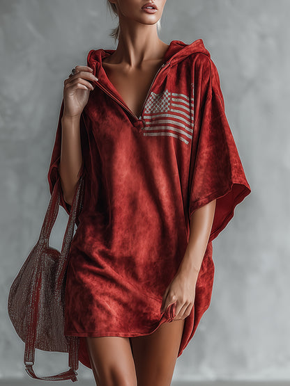 Retro Casual Flag Print Red Faux Suede Hooded Mini Dress